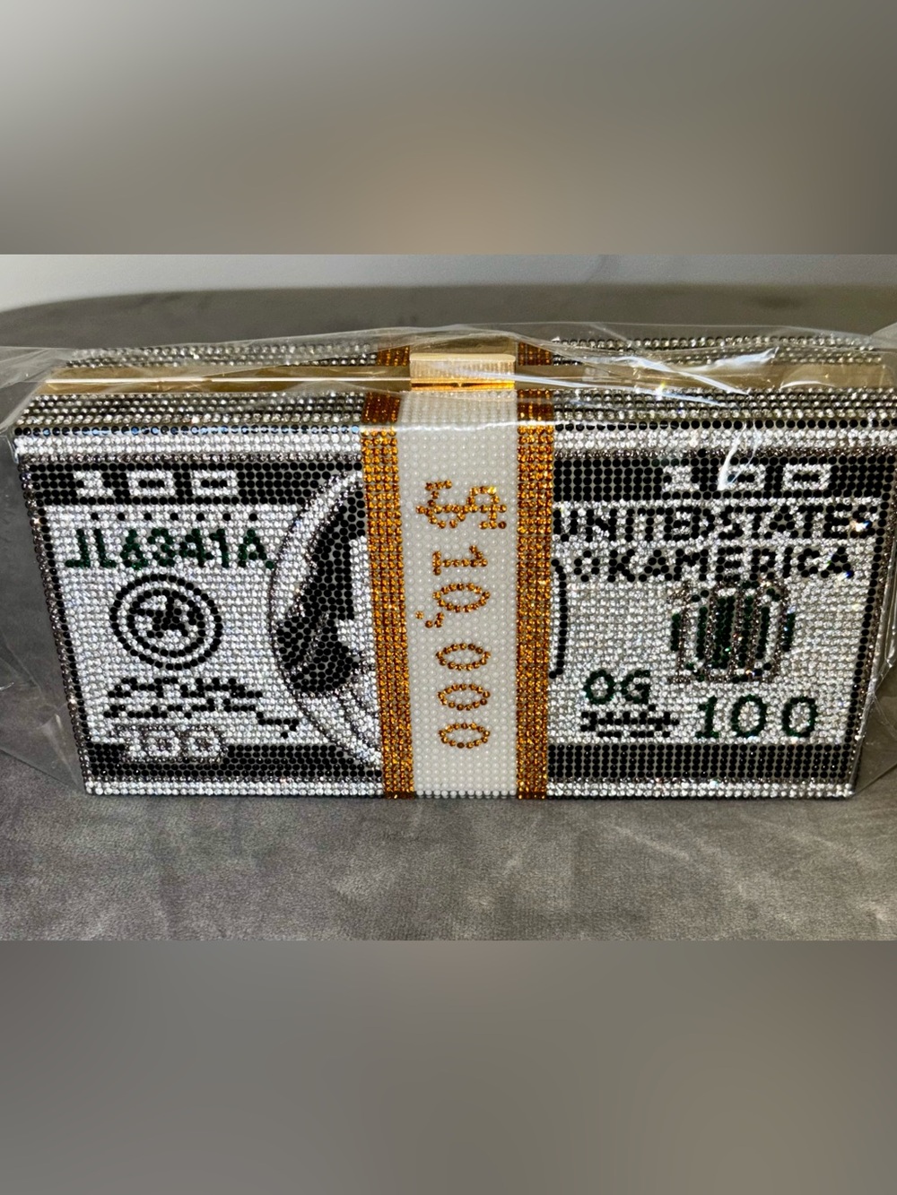 Crystal Embellished Money Stack Evening Clutch in White and Gold